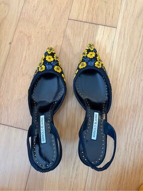 Manolo Blahnik Black Slingback Flats with Yellow Floral Embroidery